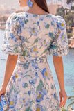 Pink A-Line V-Neck Midi Floral Dress with Puff Sleeves