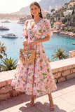 Pink A-Line V-Neck Midi Floral Dress with Puff Sleeves