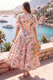 Pink A-Line V-Neck Midi Floral Dress with Puff Sleeves