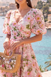 Pink A-Line V-Neck Midi Floral Dress with Puff Sleeves
