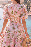 Pink A-Line V-Neck Midi Floral Dress with Puff Sleeves