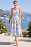 Strapless Blue A-Line Midi Floral Dress