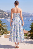 Strapless Blue A-Line Midi Floral Dress