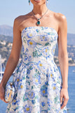 Strapless Blue A-Line Midi Floral Dress