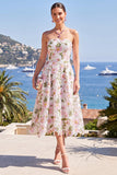 Strapless Blue A-Line Midi Floral Dress