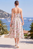 Strapless Blue A-Line Midi Floral Dress