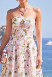 Strapless Blue A-Line Midi Floral Dress