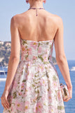 Strapless Blue A-Line Midi Floral Dress