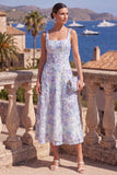 Yellow A-Line Square Neck Beaded Midi Floral Dress with Lace Up Back