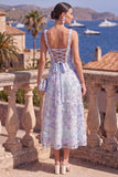 Yellow A-Line Square Neck Beaded Midi Floral Dress with Lace Up Back