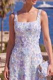 Yellow A-Line Square Neck Beaded Midi Floral Dress with Lace Up Back