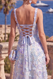Yellow A-Line Square Neck Beaded Midi Floral Dress with Lace Up Back