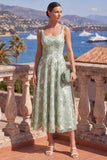 Yellow A-Line Square Neck Beaded Midi Floral Dress with Lace Up Back