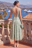 Yellow A-Line Square Neck Beaded Midi Floral Dress with Lace Up Back
