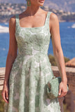 Yellow A-Line Square Neck Beaded Midi Floral Dress with Lace Up Back