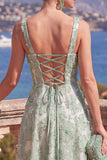 Yellow A-Line Square Neck Beaded Midi Floral Dress with Lace Up Back