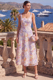 Yellow A-Line Square Neck Beaded Midi Floral Dress with Lace Up Back