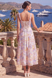 Yellow A-Line Square Neck Beaded Midi Floral Dress with Lace Up Back