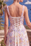 Yellow A-Line Square Neck Beaded Midi Floral Dress with Lace Up Back