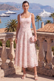 Yellow A-Line Square Neck Beaded Midi Floral Dress with Lace Up Back