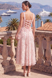 Yellow A-Line Square Neck Beaded Midi Floral Dress with Lace Up Back