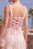Yellow A-Line Square Neck Beaded Midi Floral Dress with Lace Up Back