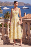 Yellow A-Line Square Neck Beaded Midi Floral Dress with Lace Up Back