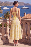 Yellow A-Line Square Neck Beaded Midi Floral Dress with Lace Up Back