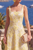Yellow A-Line Square Neck Beaded Midi Floral Dress with Lace Up Back