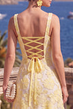 Yellow A-Line Square Neck Beaded Midi Floral Dress with Lace Up Back