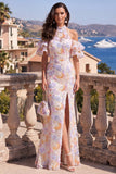 Halter Mermaid Blue Ruffled Maxi Floral Dress with Slit