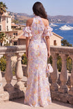 Halter Mermaid Blue Ruffled Maxi Floral Dress with Slit