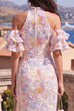 Halter Mermaid Blue Ruffled Maxi Floral Dress with Slit