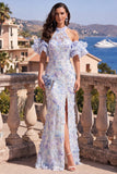Halter Mermaid Blue Ruffled Maxi Floral Dress with Slit