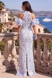 Halter Mermaid Blue Ruffled Maxi Floral Dress with Slit