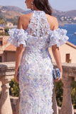 Halter Mermaid Blue Ruffled Maxi Floral Dress with Slit
