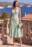 Sage Green A-Line V-Neck Midi Floral Dress with Beading