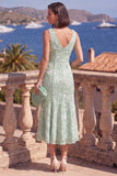 Sage Green A-Line V-Neck Midi Floral Dress with Beading