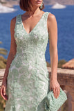Sage Green A-Line V-Neck Midi Floral Dress with Beading