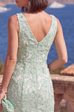 Sage Green A-Line V-Neck Midi Floral Dress with Beading