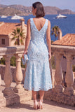 Sage Green A-Line V-Neck Midi Floral Dress with Beading