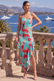 Pink Red Flower A-Line Pleated Ruffled Midi Dress with Slit