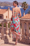 Pink Red Flower A-Line Pleated Ruffled Midi Dress with Slit