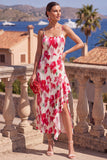 Pink Red Flower A-Line Pleated Ruffled Midi Dress with Slit