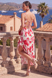 Pink Red Flower A-Line Pleated Ruffled Midi Dress with Slit