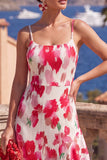 Pink Red Flower A-Line Pleated Ruffled Midi Dress with Slit