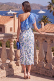 One Shoulder Pink Sheath Ruffled Midi Floral Dress with Slit