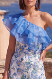 One Shoulder Pink Sheath Ruffled Midi Floral Dress with Slit
