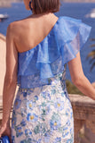 One Shoulder Pink Sheath Ruffled Midi Floral Dress with Slit