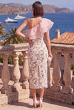 One Shoulder Pink Sheath Ruffled Midi Floral Dress with Slit